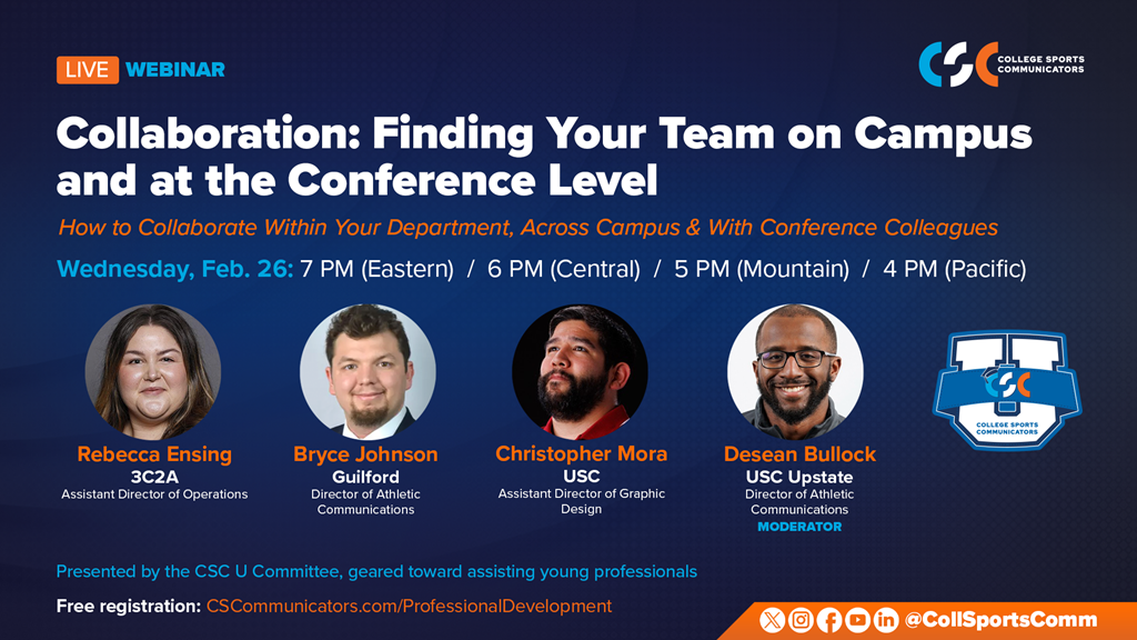 Free CSC U Live Webinar – Collaboration: Finding Your Team on Campus and at the Conference Level – Feb. 26 at 7 PM (ET)
